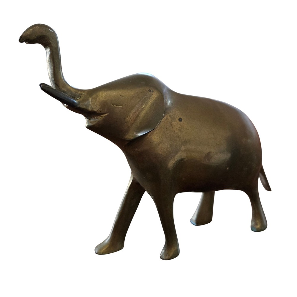 Vintage Solid Brass Elephant Figurine Trunk Up Good Luck Statue MCM Decor 6"x7"